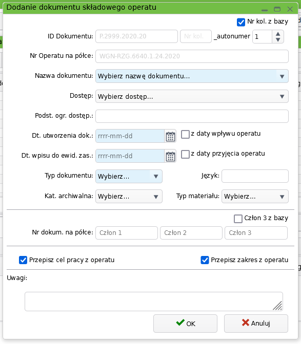  Widok okna dodania dokumentu składowego operatu