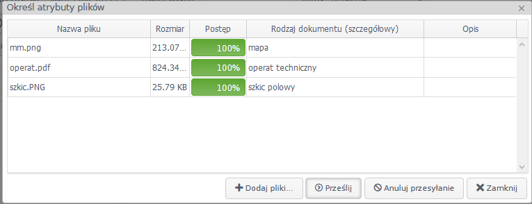 Widok okna określania atrybutów plików