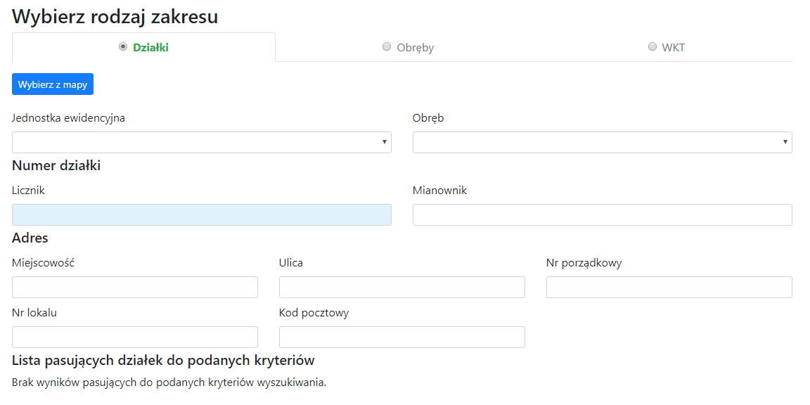 Widok opcji wyboru rodzaju zakresu